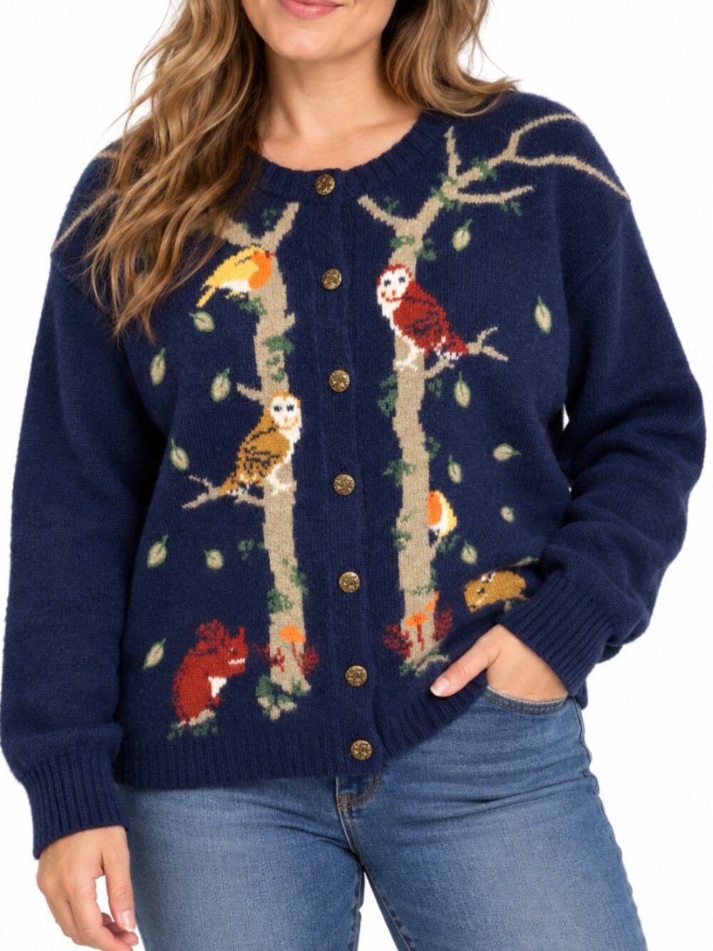 NORTHERN REFLECTIONS Vintage Wool Cardigan Sweater Blue XL Woodland Animals Cute